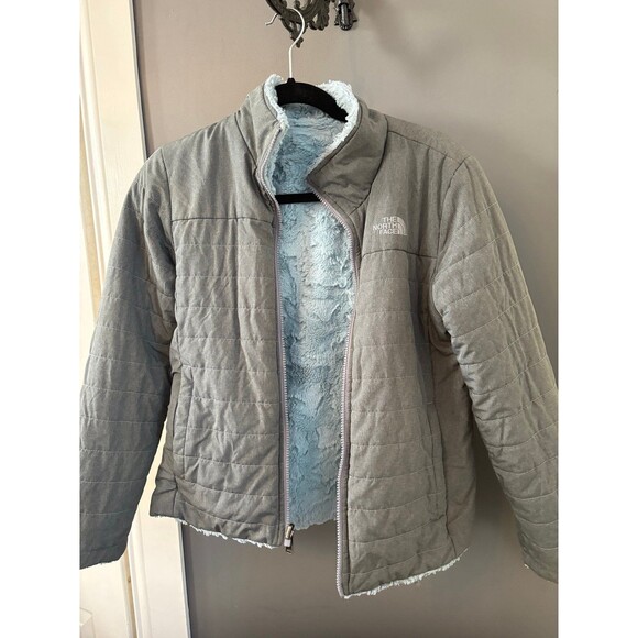 North face mossbud swirl girls large 14/16 gray blue reversible jacket coat - Picture 4 of 7